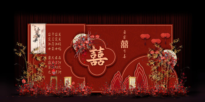 中式红色婚礼手绘效果图