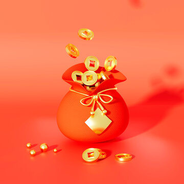 3D春節(jié)紅色福袋銅錢金幣