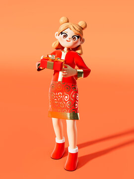 3D春節(jié)新年女人手拿禮物盒