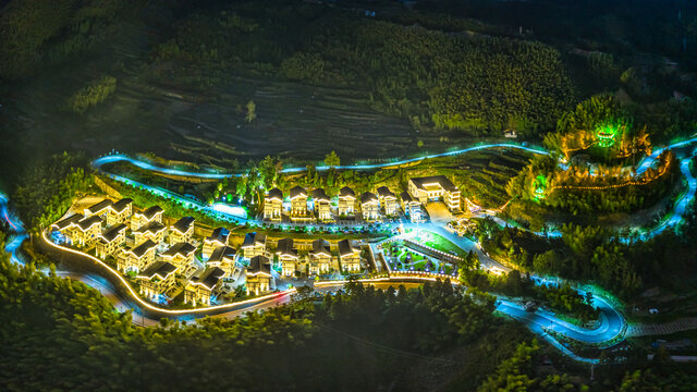 磐安灵江源山村民宿夜景全景