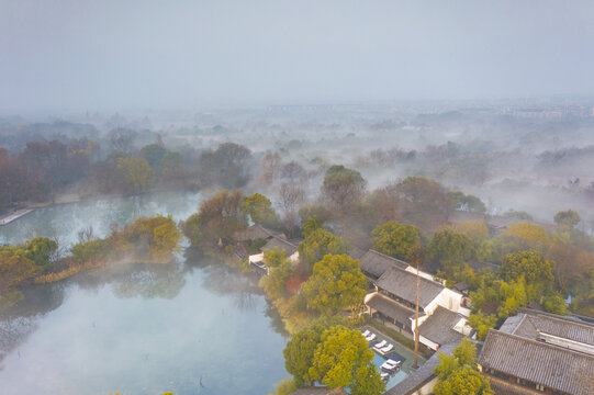 杭州西溪湿地公园晨曦云雾