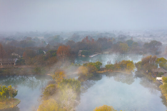 杭州西溪湿地公园晨曦云雾