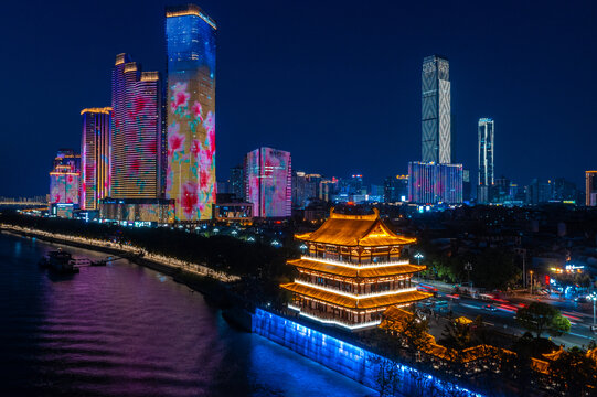 航拍长沙湘江沿江风光杜甫江阁夜景