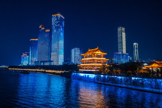 航拍长沙湘江沿江风光杜甫江阁夜景