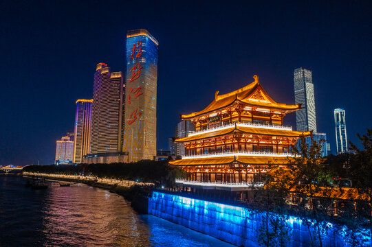 航拍长沙湘江沿江风光杜甫江阁夜景