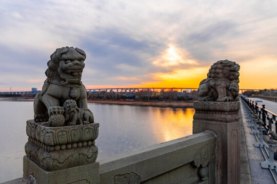 夕阳下的北京卢沟桥石狮子