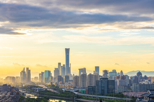 夕阳下的北京国贸CBD中央商务风光