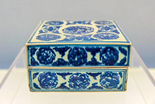 上海博物馆青花团龙纹方形盖盒