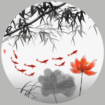 墨竹水墨魚(yú)圖