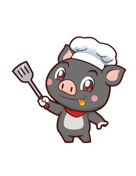 卡通可爱小黑猪厨师拿锅铲