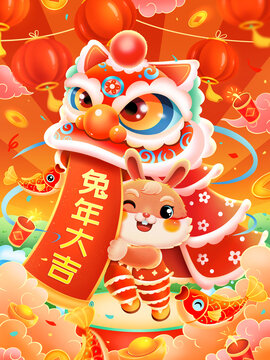国潮新年春节醒狮舞狮兔子插画