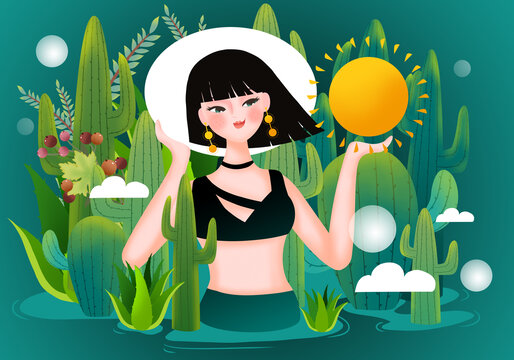 夏日清涼女孩防曬護(hù)膚包裝插畫