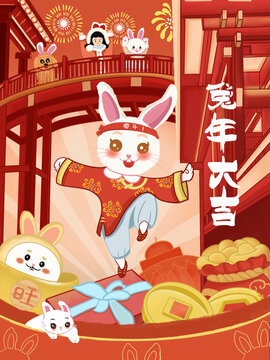 手繪兔年大吉插畫海報