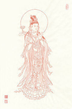 朱砂線描執(zhí)蓮觀音像