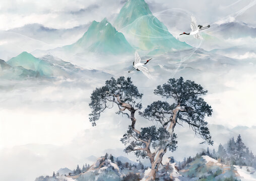 雪山仙鶴古樹新中式水墨山水畫