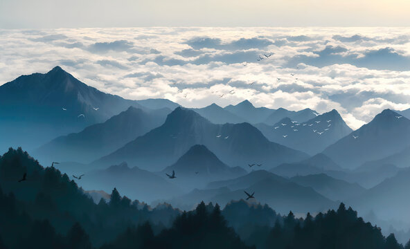 高山云海风景画中式背景墙壁画