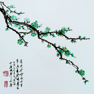 國畫綠梅毫尖冬雪冷千里