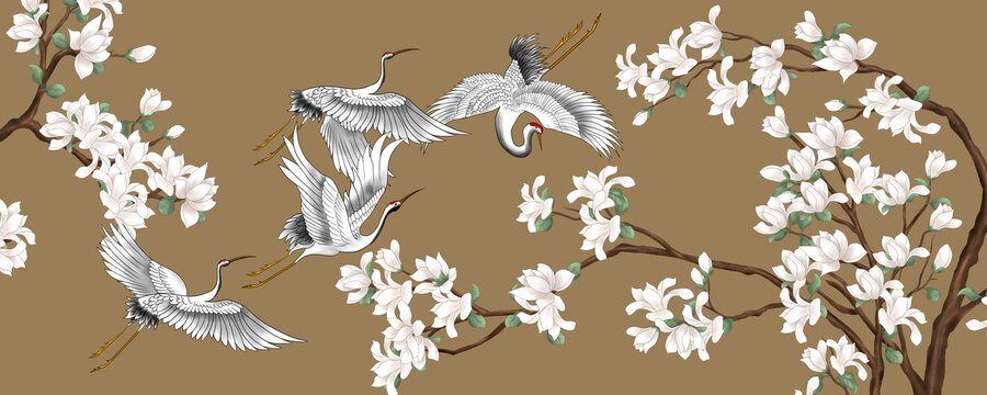 復(fù)古玉蘭花仙鶴