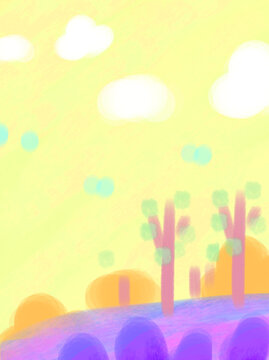 可爱卡通阳光树林山坡手绘背景