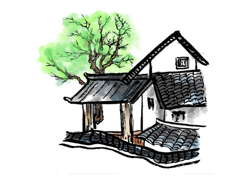 綠色立春小院樓閣樹木江南