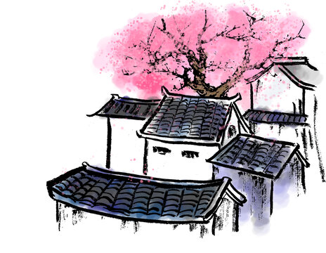 粉色立春小院樓閣桃花江南