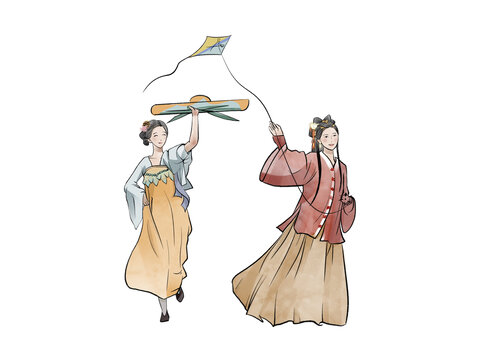 立春古風(fēng)放風(fēng)箏的倆個小伙伴