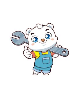 卡通可愛北極熊維修工扛扳手