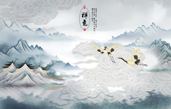 國畫山水仙鶴背景墻