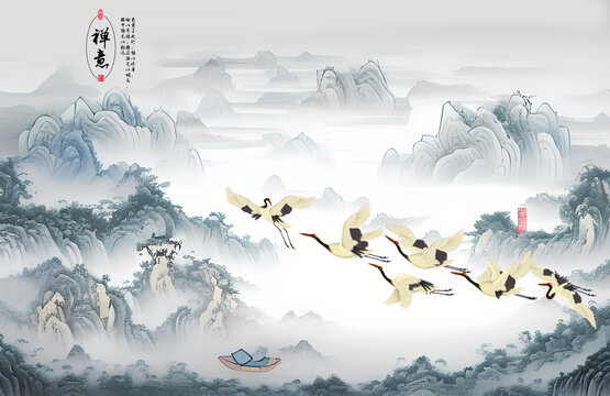 國(guó)畫(huà)山水仙鶴背景墻