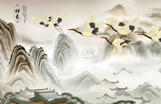 国画山水仙鹤背景墙