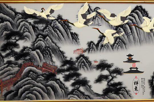 國畫山背景墻