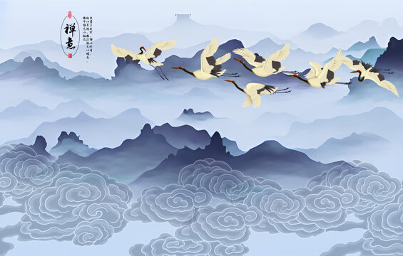 淡雅山巒仙鶴