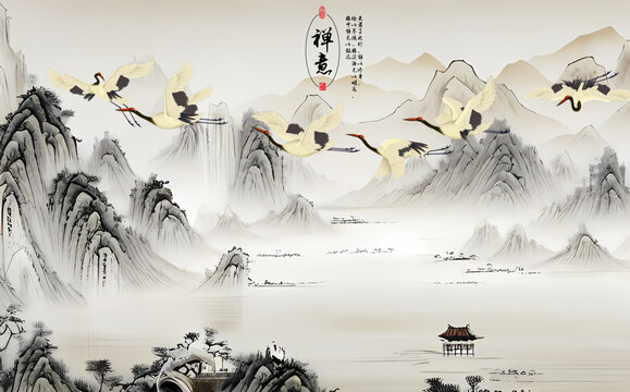 山水仙鶴背景墻淡雅