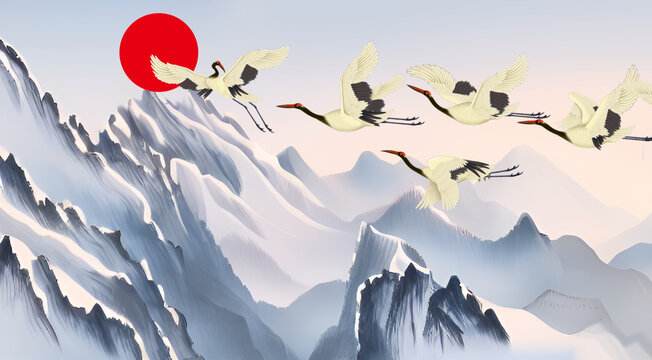 山水仙鶴背景墻