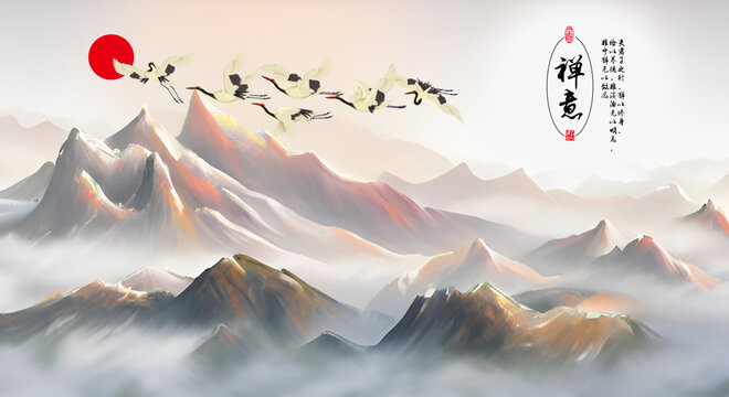 禪意仙鶴淡雅山水背景墻