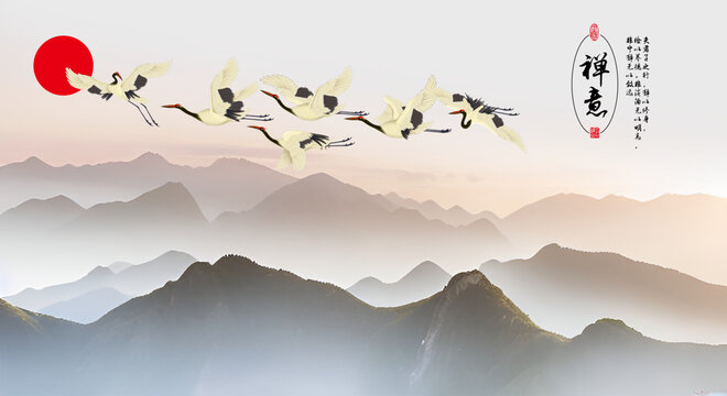 禪意淡雅山水背景墻仙鶴