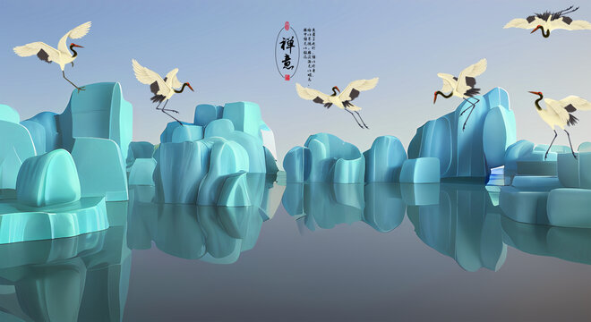 3D玉雕山水仙鶴背景墻