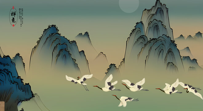 青綠山水仙鶴背景墻