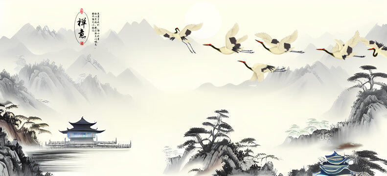 國畫山水仙鶴背景墻