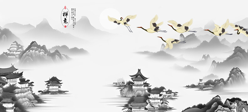 青綠山水仙鶴背景墻