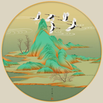 青綠山水仙鶴鏡心