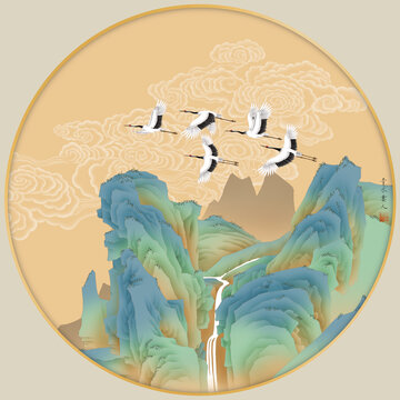 青綠山水仙鶴鏡心