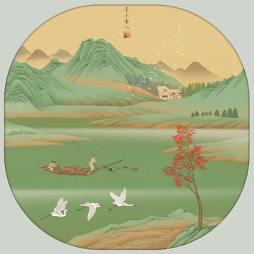 青綠山水漁樂圖
