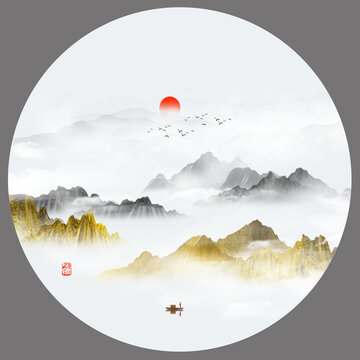 蓝色水墨山水画