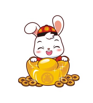 卡通可愛小兔拿金元寶