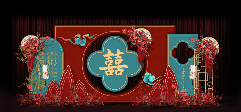 簡(jiǎn)約紅藍(lán)中式婚禮手繪效果圖