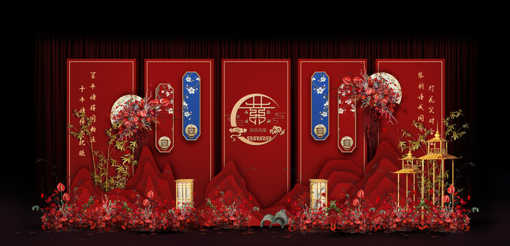 紅色中式婚禮手繪效果圖