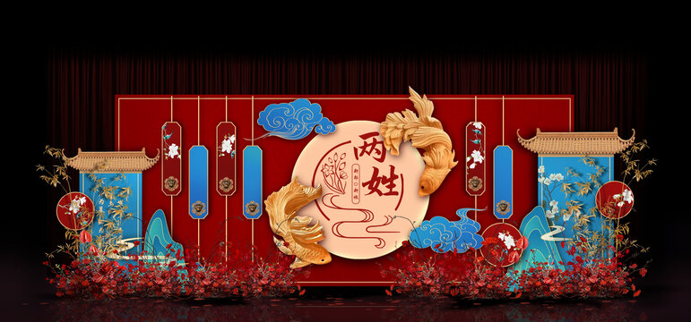 紅藍(lán)新中式合影區(qū)婚禮手繪