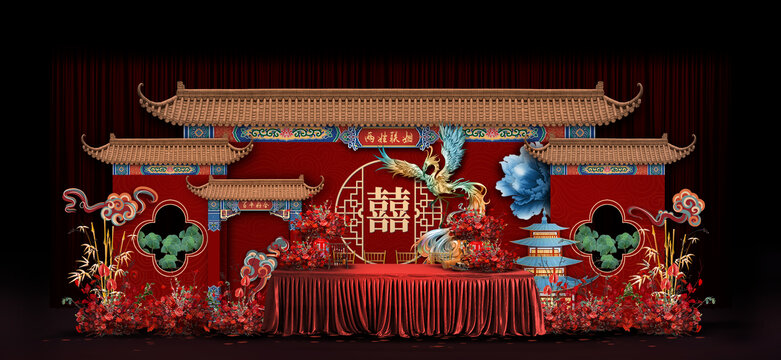 紅色中式婚禮手繪效果圖