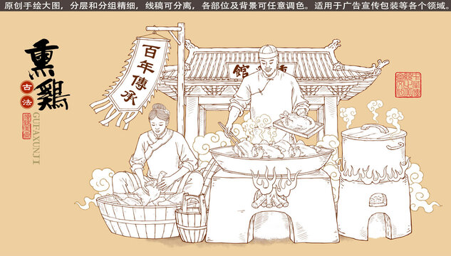 古法熏雞插畫線描版